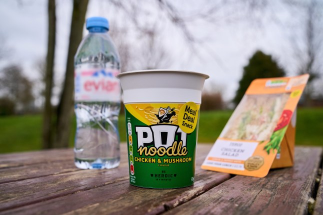 Pot Noodle on a bench with a bottle of water and Tesco sandwich